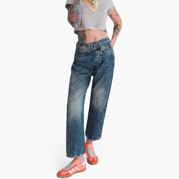 R13 Blue Relaxed Fit Jeans with Vintage Distressing